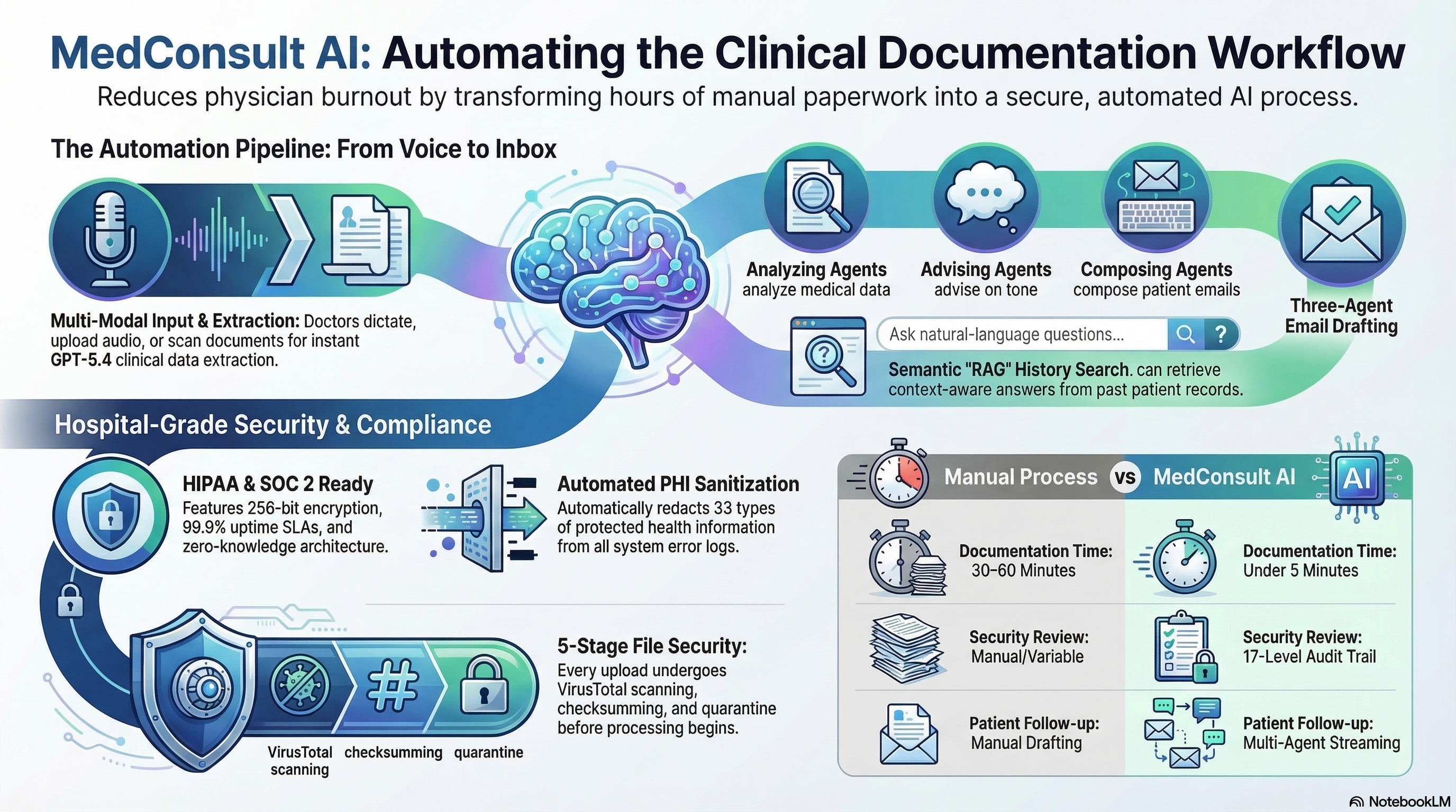 MedConsult AI Clinical Documentation Blueprint — 3-step workflow, security layers, and compliance architecture